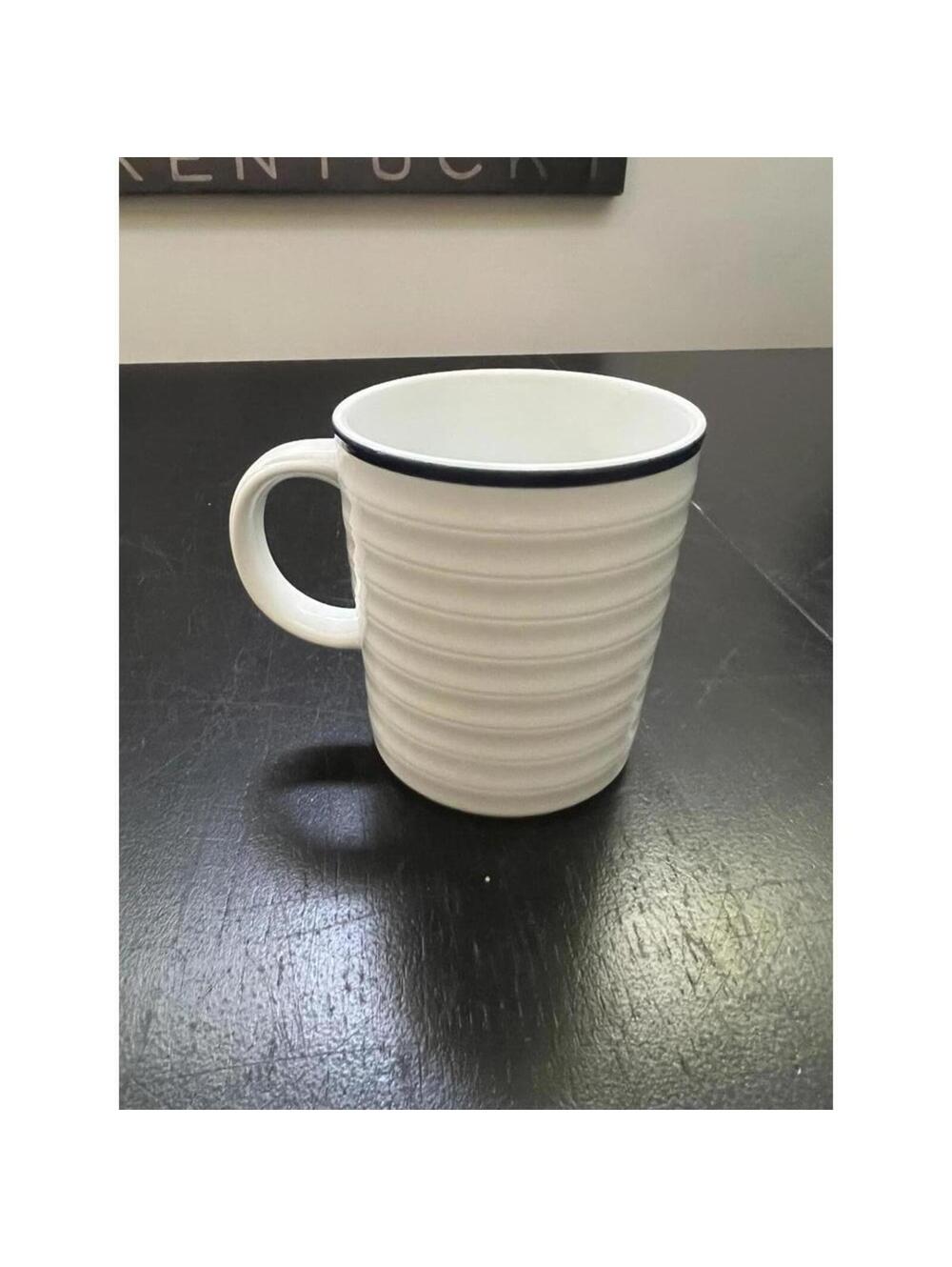 Crate & Barrel (4) White Ribbed Blue Trim Porcelain Mug